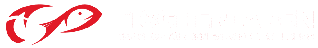Fischerladen Logo: Roter Fisch mit dem Text "Fischerladen - Der Shop für den Fang deines Lebens